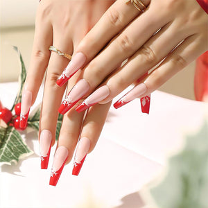Uñas postizas largas de Navidad con punta roja francesa, uñas postizas acrílicas con diseños de copos de nieve con purpurina, color rosa,A22  cobertura completa, uñas artificia