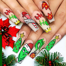 Cargar imagen en el visor de la galería, Uñas postizas a presión de Navidad, uñas postizas largas con pegamento, uñas postizas acrílicas verdes de Navidad con diseños de dibujos animados,A22  color rosa, cobertura completa, sombrero
