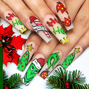 Uñas postizas a presión de Navidad, uñas postizas largas con pegamento, uñas postizas acrílicas verdes de Navidad con diseños de dibujos animados,A22  color rosa, cobertura completa, sombrero