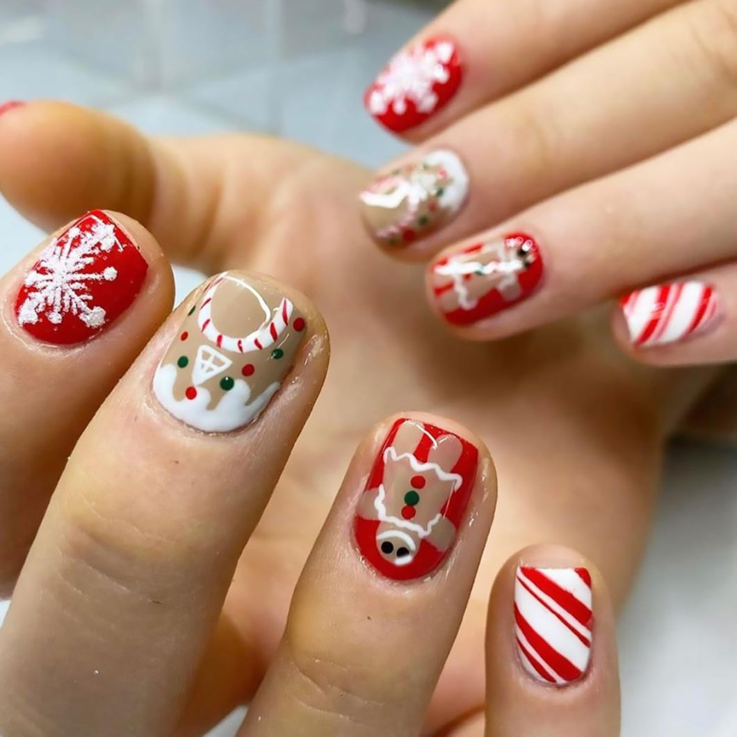 Uñas postizas a presión de Navidad, uñas postizas cuadradas cortas con hombre de jengibre, copos de nieve, árbol de Navidad, diseños de caramelos, uñas postizas de Navidad,a22  uñas con pegamento mate,