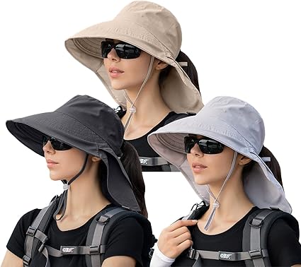 Paquete de 3 sombreros para mujer con solapa para el cuello, ala ancha, protección UV,