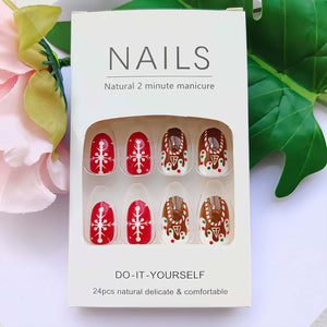 Uñas postizas a presión de Navidad, uñas postizas cortas de almendra con pegamento, uñas postizas acrílicas ovaladas blancas con diseños de galletas de dibujos animados,A22  uñas artificiales