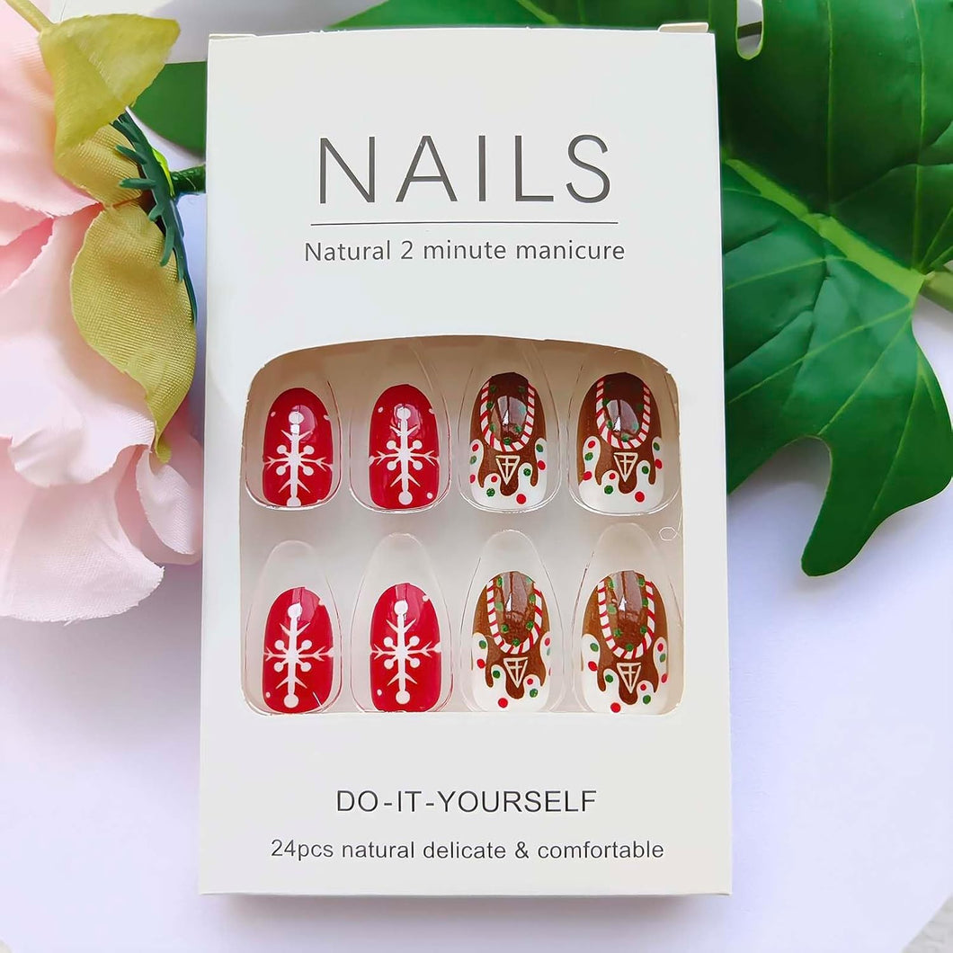 Uñas postizas a presión de Navidad, uñas postizas cortas de almendra con pegamento, uñas postizas acrílicas ovaladas blancas con diseños de galletas de dibujos animados,A22  uñas artificiales