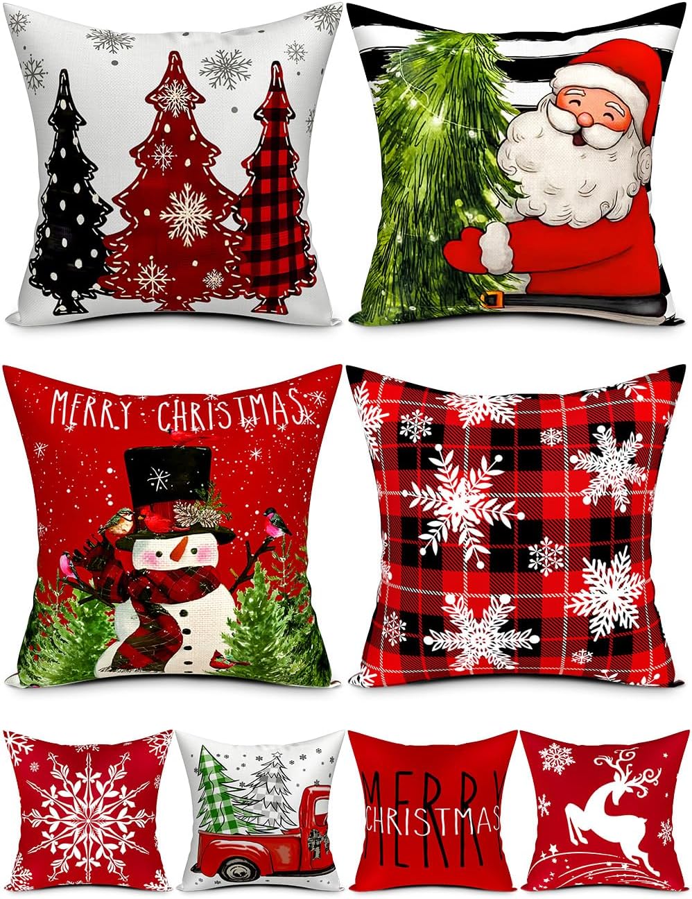 Juego de 4 fundas de almohada de Navidad con estampado de doble cara de 18 x 18 pulgadas, 8 patrones de árbol de Navidad, muñeco de nieve, copos de nieve, Feliz Navidad, ciervo, Papá Noel, camión, Let A19