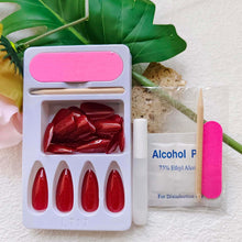 Cargar imagen en el visor de la galería, Uñas postizas a presión de Navidad, uñas postizas medianas de almendra, uñas postizas acrílicas de color sólido con lujoso diseño de espejo, color rojo vino A22 , cobertura completa, uñas artificiales
