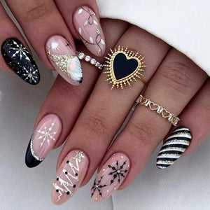Uñas postizas de Navidad a presión con copos de nieve, uñas postizas medianas con diseño de almendra Blake plateada, con pegamento a rayas con purpurina, A22 uñas acrílicas brillantes de cobertura