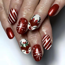 Cargar imagen en el visor de la galería, Uñas postizas a presión de Navidad, uñas postizas cortas de almendra, con diseño de copos de nieve, renos, uñas acrílicas brillantes, cobertura completa, rayas,  A22 uñas adhesivas para mujeres y niñas,
