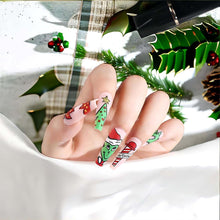 Cargar imagen en el visor de la galería, Uñas postizas a presión de Navidad, uñas postizas largas con pegamento, uñas postizas acrílicas verdes de Navidad con diseños de dibujos animados,A22  color rosa, cobertura completa, sombrero
