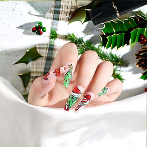 Uñas postizas a presión de Navidad, uñas postizas largas con pegamento, uñas postizas acrílicas verdes de Navidad con diseños de dibujos animados,A22  color rosa, cobertura completa, sombrero