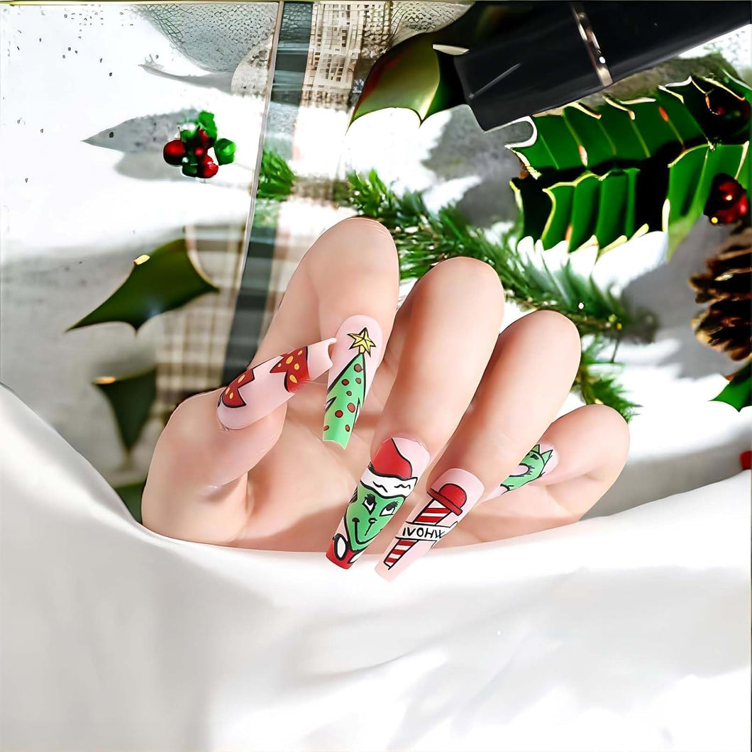 Uñas postizas a presión de Navidad, uñas postizas largas con pegamento, uñas postizas acrílicas verdes de Navidad con diseños de dibujos animados,A22  color rosa, cobertura completa, sombrero