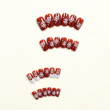Cargar imagen en el visor de la galería, Uñas postizas a presión de Navidad, uñas postizas cuadradas cortas con diseños de copos de nieve de alce, uñas postizas de Navidad, uñas con pegamento rojo con purpurina en la a22  uñas de cobertura
