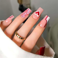 Cargar imagen en el visor de la galería, Uñas postizas a presión de corazón de San Valentín, uñas postizas cuadradas medianas, uñas postizas acrílicas rosas con diseños de flores y purpurina,A22  uñas ar
