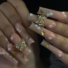 Cargar imagen en el visor de la galería, BABALAL Uñas postizas largas cuadradas a presión, uñas postizas nude, con dije de mariposa dorada, uñas acrílicas, 24 unidades, con pegamento de flores a22, uñas postizas coquetas, manicura cuadrada
