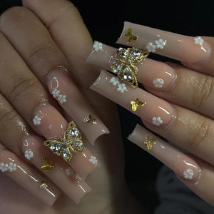 BABALAL Uñas postizas largas cuadradas a presión, uñas postizas nude, con dije de mariposa dorada, uñas acrílicas, 24 unidades, con pegamento de flores a22, uñas postizas coquetas, manicura cuadrada