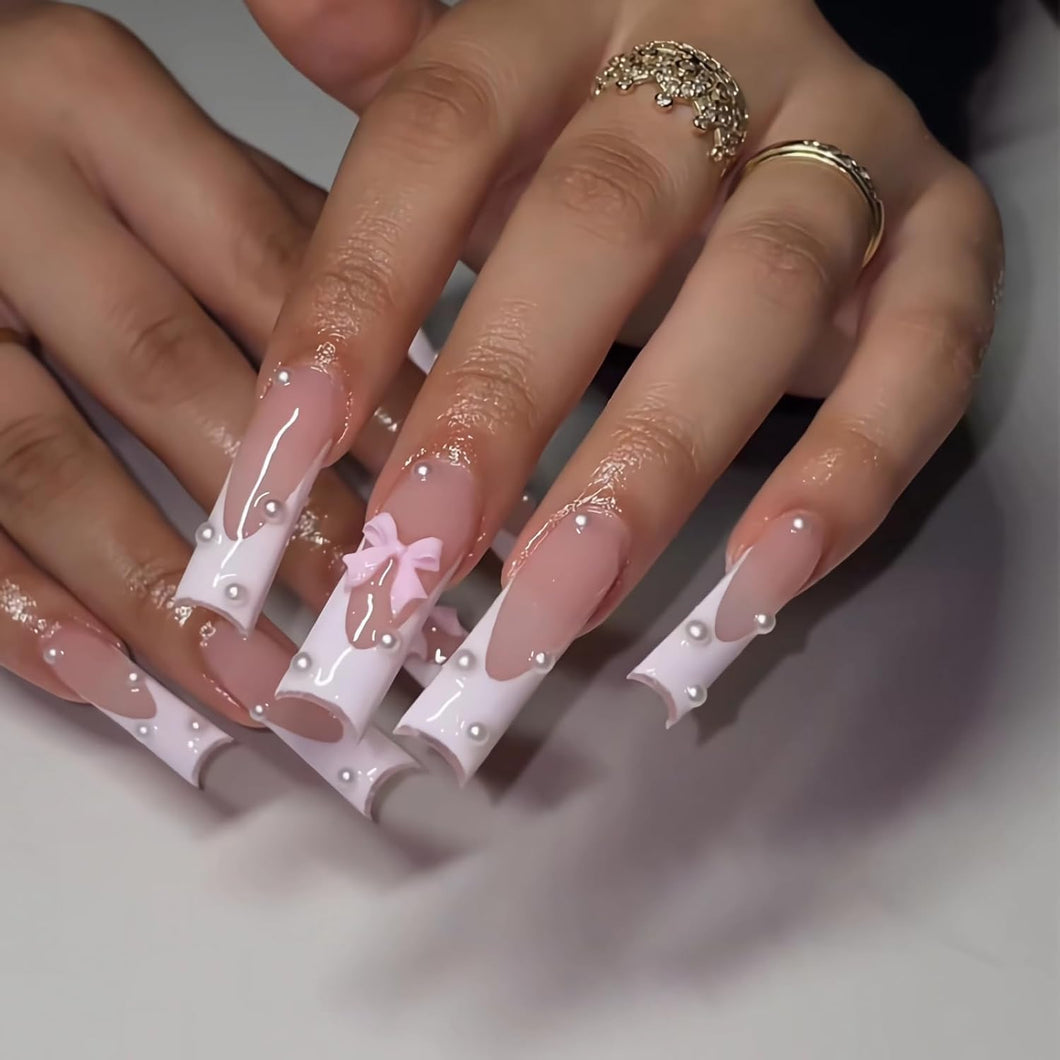 Uñas postizas largas cuadradas blancas, uñas postizas con punta francesa, con pegamento, diseño de perlas,A22  uñas acrílicas Squoval, 24 unidades, manicura