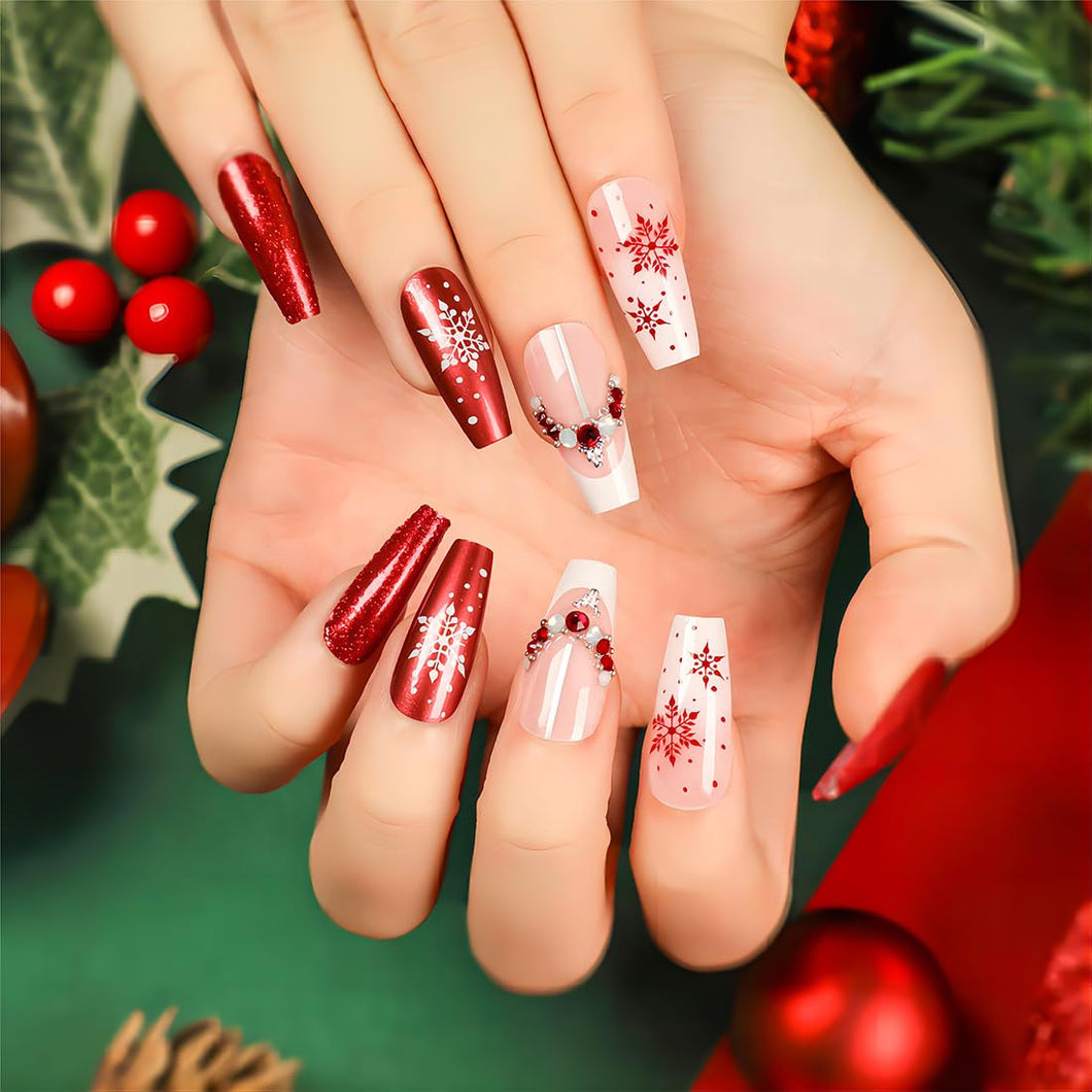 Uñas postizas a presión con punta francesa de Navidad, uñas postizas medianas de lujo, uñas postizas acrílicas con diseños de diamantes de imitación,A22  uñas artificiales rojas y rosas, lindas uñas
