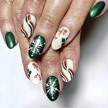 Cargar imagen en el visor de la galería, Uñas postizas a presión de Navidad, uñas postizas verdes con purpurina, uñas postizas medianas con diseño de copos de nieve, pan de jengibre, con pegamento A22, uñas acrílicas brillantes de cobertura
