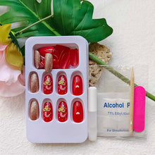 Cargar imagen en el visor de la galería, BUñas postizas a presión de Navidad, uñas postizas medianas de almendra, uñas postizas acrílicas con lazo dorado 3D y diseños de purpurina, uñas artificiales brillantes de cobertura completa,A22  ovaladas,
