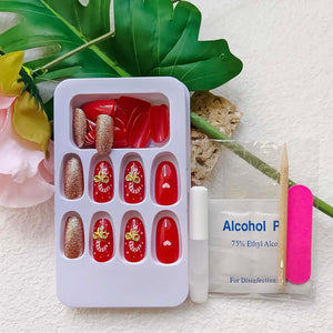 BUñas postizas a presión de Navidad, uñas postizas medianas de almendra, uñas postizas acrílicas con lazo dorado 3D y diseños de purpurina, uñas artificiales brillantes de cobertura completa,A22  ovaladas,