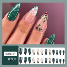 Cargar imagen en el visor de la galería, Uñas postizas a presión de Navidad, uñas postizas medianas de almendra, uñas postizas verdes con diseño de copo de nieve, acebo, uñas con pegamento, A22  uñas acrílicas brillantes, cobertura completa
