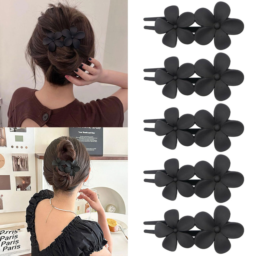 5 pinzas para el cabello planas con flores negras para mujer, pinzas para el cabello plano francés mate A21