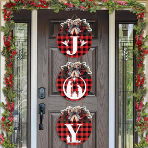 3 coronas de Navidad para puerta delantera, de 11 pulgadas, letrero de Navidad a cuadros con belén, decoración de puerta colgante de plástico rústico para Jesús, Navidad, hogar, pared, puerta, porche, A19