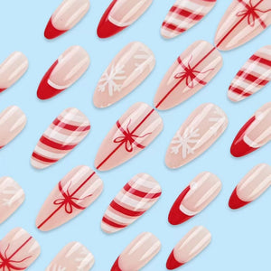 Uñas postizas a presión de Navidad, uñas postizas medianas con diseño de sombrero de Navidad, A22 uñas postizas con diseño de sombrero de Navidad,