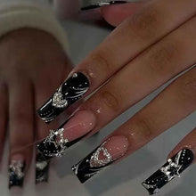 Cargar imagen en el visor de la galería, Foccna Uñas postizas largas con diamantes de imitación, color rosa, uñas negras, cuadradas, brillantes, 3D, flores, uñas postizas, uñas artificiales,a22  manicura para mujeres y niñas, 24 unidades (uñas
