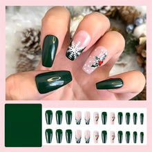 Cargar imagen en el visor de la galería, Uñas postizas a presión de punta francesa de Navidad, uñas postizas medianas con diseños de diamantes de imitación, color verde, cobertura completa A22 , uñas artificiales a presión, lindas uñas adhesivas
