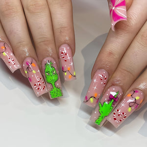 Uñas postizas a presión de Navidad, largas y cuadradas, lindas uñas postizas de monstruo verde con diseños de cobertura completa, color rosa nude brillante,a22  uñas adhesivas de Navidad, uñas acrílicas
