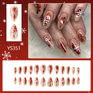 24 uñas largas de Navidad a presión, uñas postizas de almendra, color nude y copo de nieve, uñas postizas de Navidad de cobertura completa con purpurina brillante,  a22 uñas acrílicas para vacaciones
