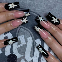 Cargar imagen en el visor de la galería, Uñas postizas largas cuadradas negras con punta francesa, uñas postizas de cobertura completa con diseños de estrellas, uñas postizas Y2K a presión, uñas adhesivas brillantes, uñas acrílicas artificiales para mujeres y niñas,a22  24 unidades
