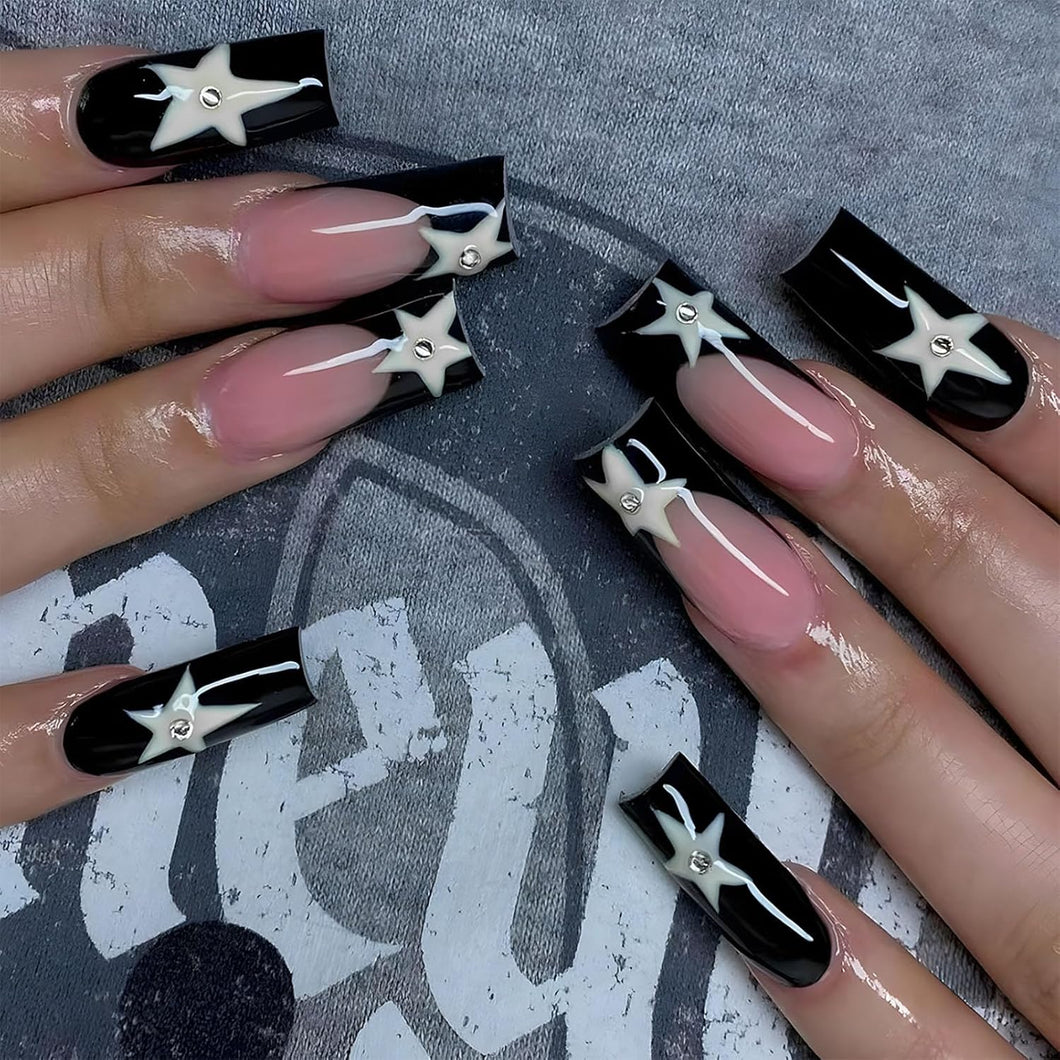 Uñas postizas largas cuadradas negras con punta francesa, uñas postizas de cobertura completa con diseños de estrellas, uñas postizas Y2K a presión, uñas adhesivas brillantes, uñas acrílicas artificiales para mujeres y niñas,a22  24 unidades