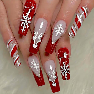 Uñas postizas a presión de Navidad, uñas postizas largas con pegamento, uñas postizas acrílicas con bonitos diseños de alce y purpurina, punta francesa roja brillante,a22  uñas artificiales de gel