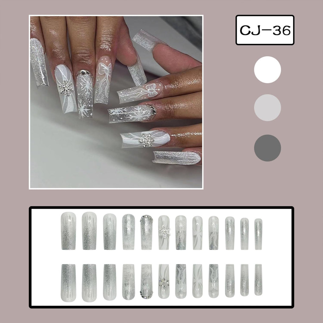 Uñas postizas largas cuadradas con dijes de copos de nieve plateados 3D, diseños de caramelos, uñas postizas transparentes de Navidad, uñas postizas con pegamento con purpurina,A22 uñas postizas