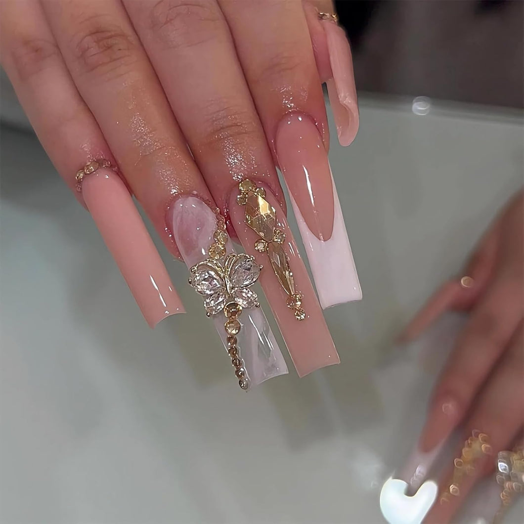 BABALAL Uñas postizas largas cuadradas con diseño de mariposa, uñas postizas con punta francesa rosa, 24 unidades, uñas acrílicas con diamantes de imitación brillantes,a22  uñas postizas de cobertura