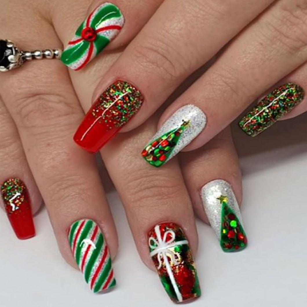 Uñas postizas cuadradas medianas con purpurina de diseño de rayas rojas y verdes, uñas acrílicas de cobertura completa,a22  uñas postizas brillantes para