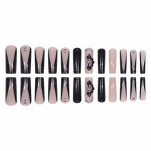 Cargar imagen en el visor de la galería, Uñas postizas cuadradas largas, negras, con punta francesa, brillantes, con pegamento, diseño de flores 3D, uñas acrílicas brillantes, 24 unidades a22 , uñas postizas cuadradas
