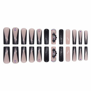 Uñas postizas cuadradas largas, negras, con punta francesa, brillantes, con pegamento, diseño de flores 3D, uñas acrílicas brillantes, 24 unidades a22 , uñas postizas cuadradas