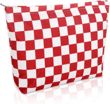 Cargar imagen en el visor de la galería, Bolsa de cosméticos Bolsa de maquillaje Preppy Cute Corduroy Neceser para mujeres esenciales de viaje a22, Cuadros rojo, Cara de moda
