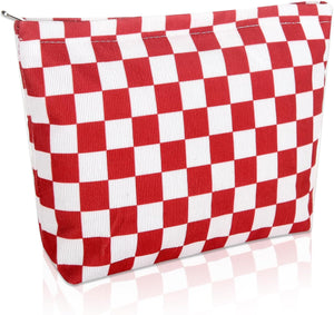 Bolsa de cosméticos Bolsa de maquillaje Preppy Cute Corduroy Neceser para mujeres esenciales de viaje a22, Cuadros rojo, Cara de moda