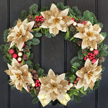 Cargar imagen en el visor de la galería, Flores de Pascua de Navidad – 12 piezas artificiales de flor de pascua roja dorada para árbol de Navidad, Año Nuevo, boda

