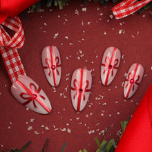 Cargar imagen en el visor de la galería, Uñas postizas a presión de Navidad, uñas postizas cortas de almendra, lazo rojo, uñas postizas brillantes con diseño nude,  a22 uñas postizas acrílicas artificiales con diamantes de imitación para mujeres
