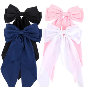 Lazos de satén sedoso de gran tamaño para mujeres y niñas, 4 piezas de cintas para el cabello con cola larga (negro, a22  blanco, rosa, azul marino)