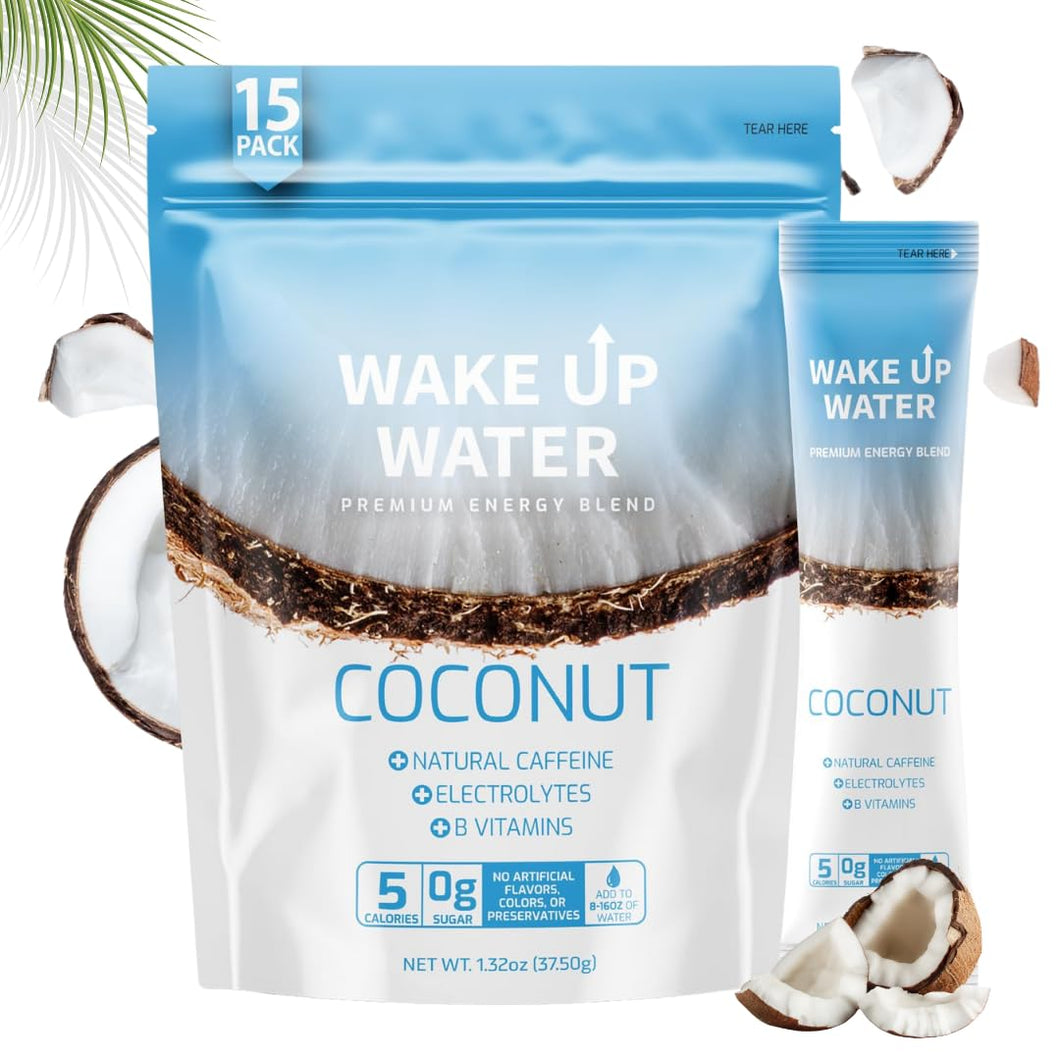 Wake Up Water - Bebida energética + hidratante sin azúcar, paquete de 15, sabor a coco, bebida energética en polvo, bebida con electrolitos, paquete de mezcla de cafeína natural, vitaminas B, 5 calorías, sin gluten, 0,10 oz (2,9 g) ln25