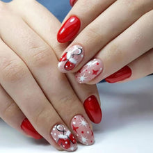 Cargar imagen en el visor de la galería, Uñas postizas a presión de Navidad, uñas postizas medianas con nudo rojo, uñas postizas brillantes con diseño de regalo, uñas adhesivas nude, uñas adhesivas para mujeres, A22  decoración de uñas de Navidad
