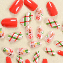 Cargar imagen en el visor de la galería, Uñas postizas a presión de Navidad, uñas postizas cortas de almendra, uñas postizas a rayas rojas y verdes con diseño de bastón de caramelo de copo de nieve, A22  cobertura completa, uñas adhesivas
