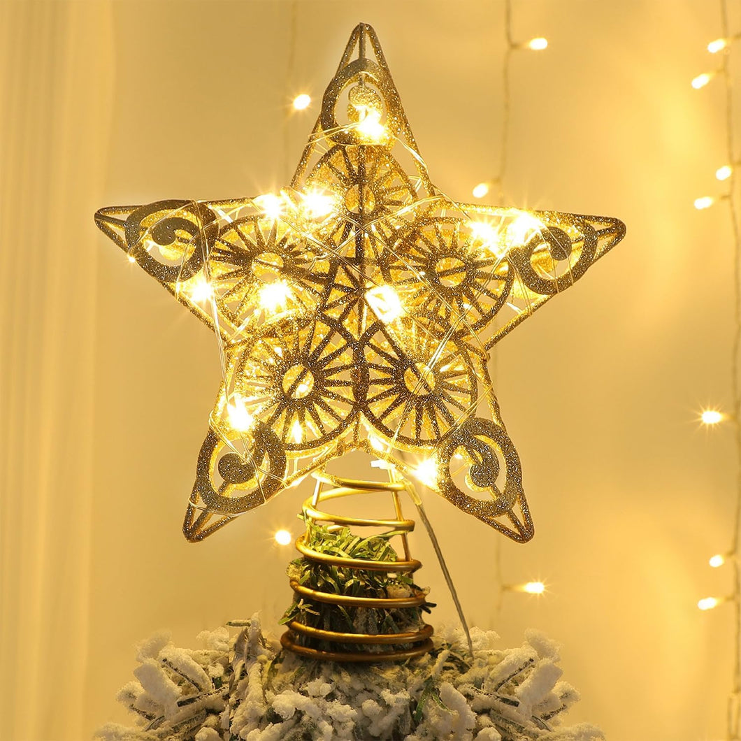 Juegoal Decoración para árbol de Navidad con 20 luces LED, adornos de metal dorado iluminados para árbol de Navidad, 6.5 x 6.5 pulgadas A19