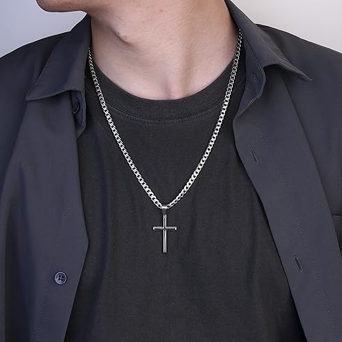 Collar de cruz de plata de ley 925 con borde biselado para hombres