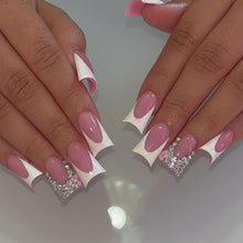 Cargar imagen en el visor de la galería, Uñas postizas a presión de pato hechas a mano, punta francesa, color rosa, cobertura completa, con diseño de flores de diamante, uñas postizas con pegamento brillante,a22  uñas acrílicas lindas
